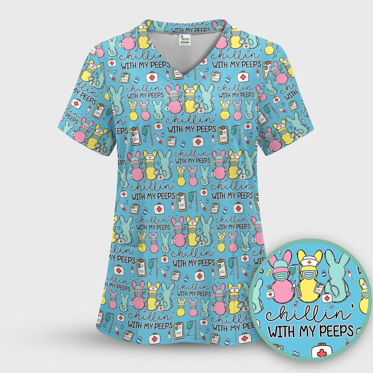 Bunny Nurse Chillin With My Peeps Scrub Top - Easter Gift