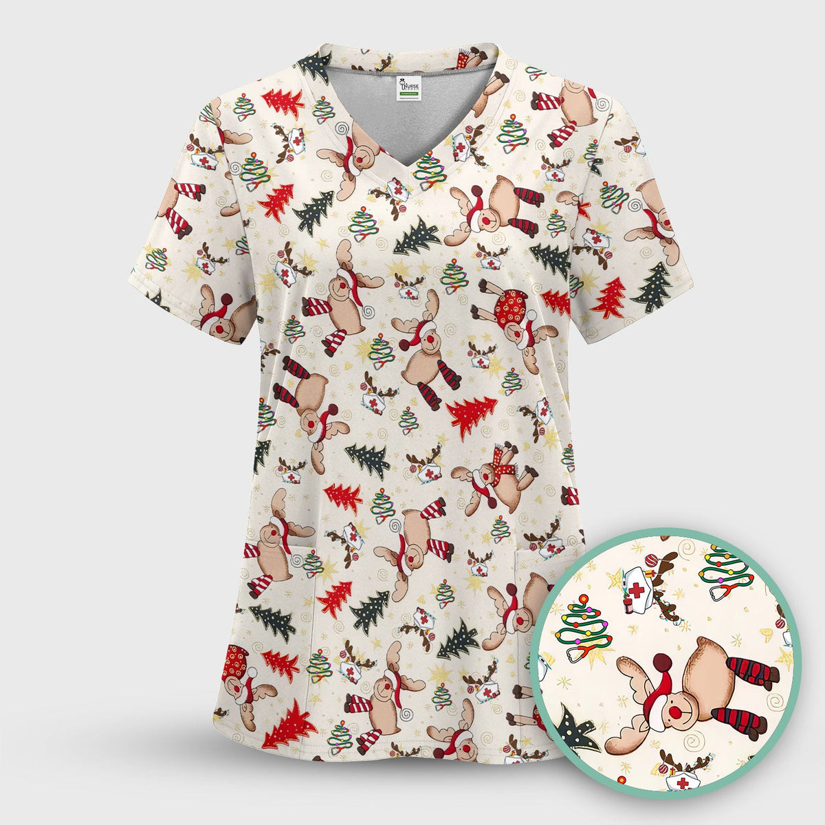 Reindeer Nurse Scrub Top - Christmas Gift