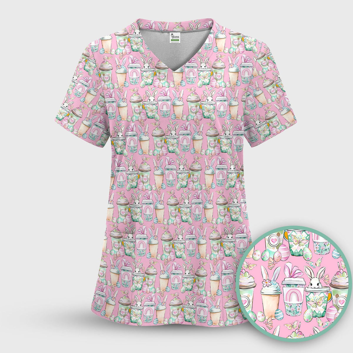 Bunny Coffee Cup Nurse Scrub Set - Easter Gift