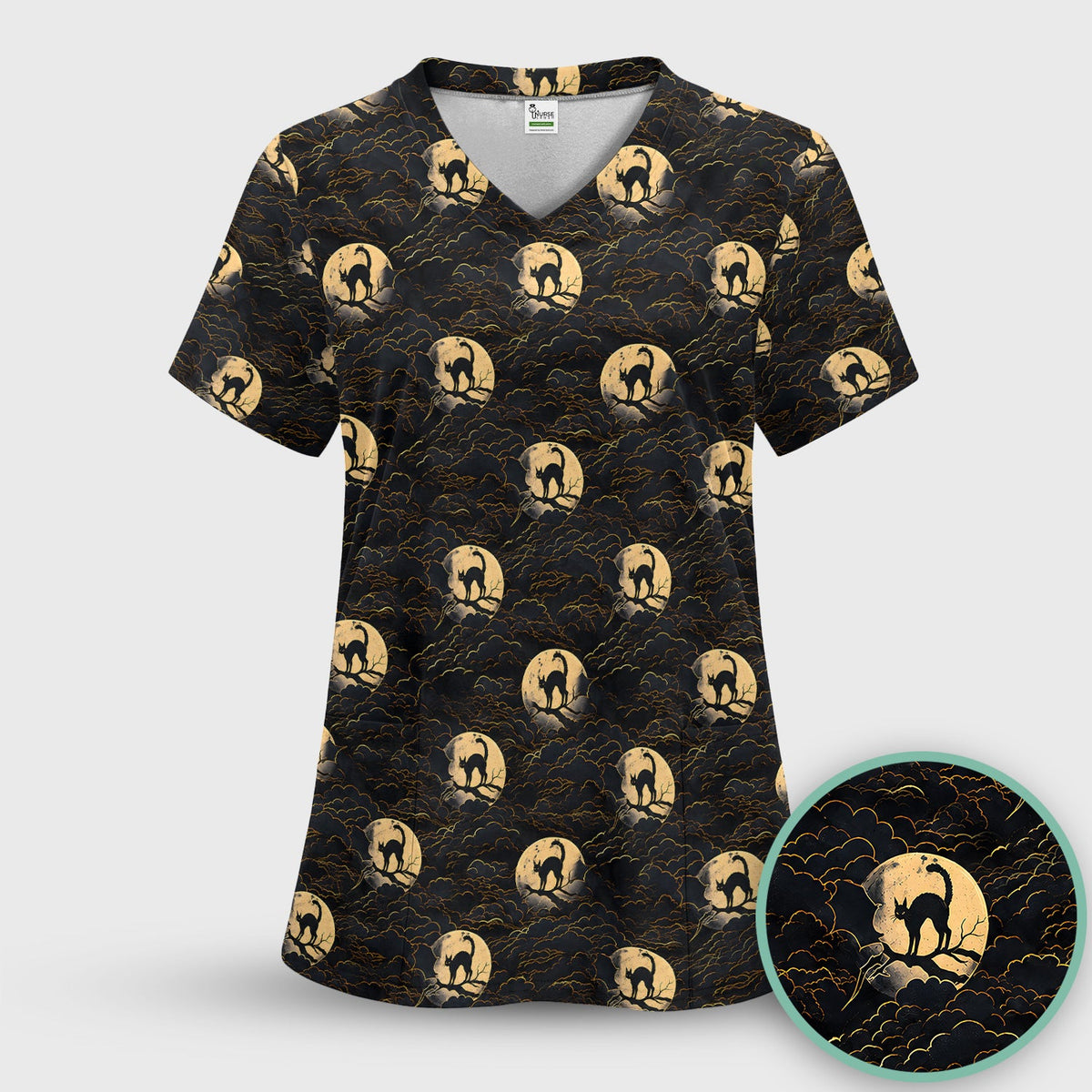 Black Cat In Moonlight Nurse Scrub Top - Halloween Gift