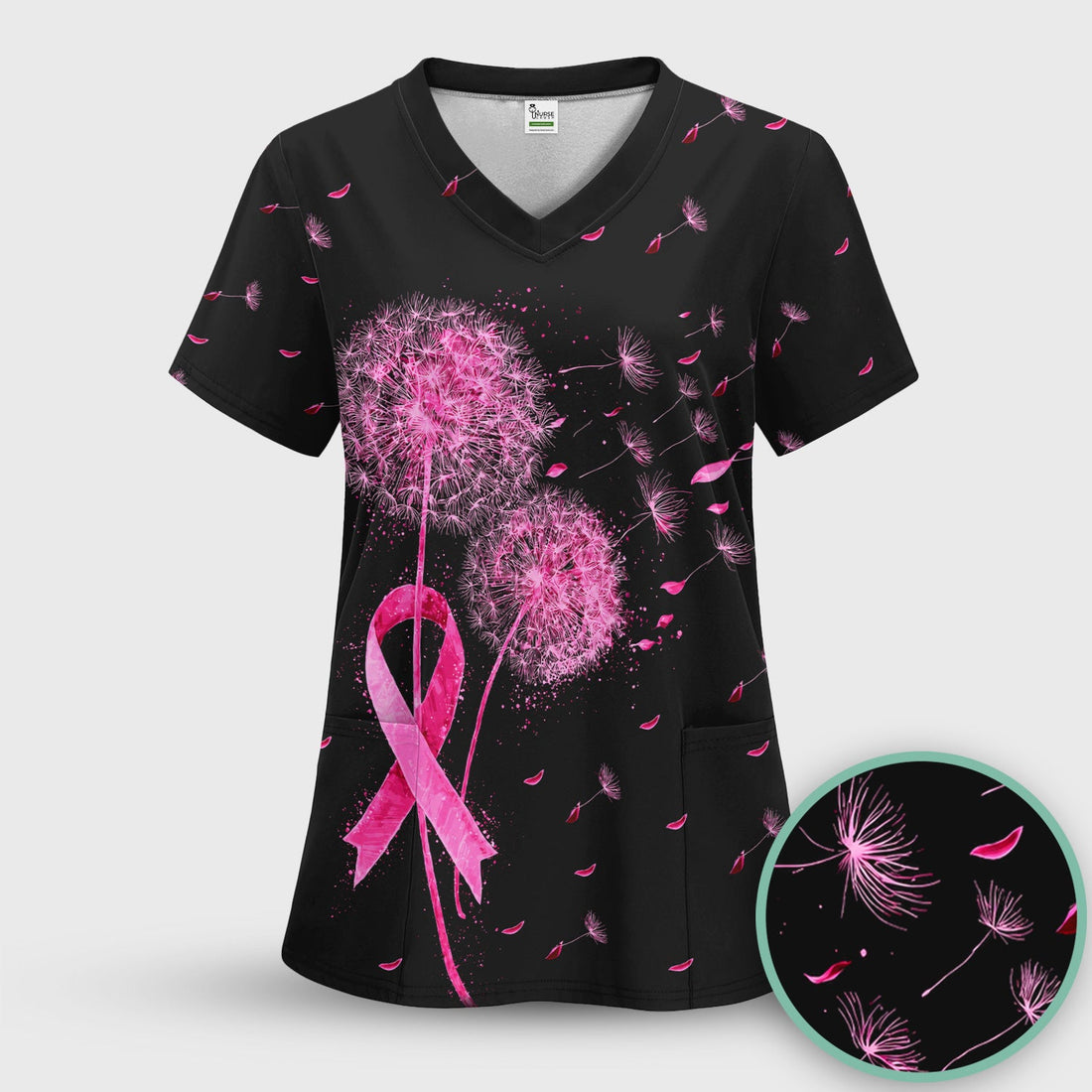Pink Ribbon Dandelion Breast Cancer Nurse Scrub Top