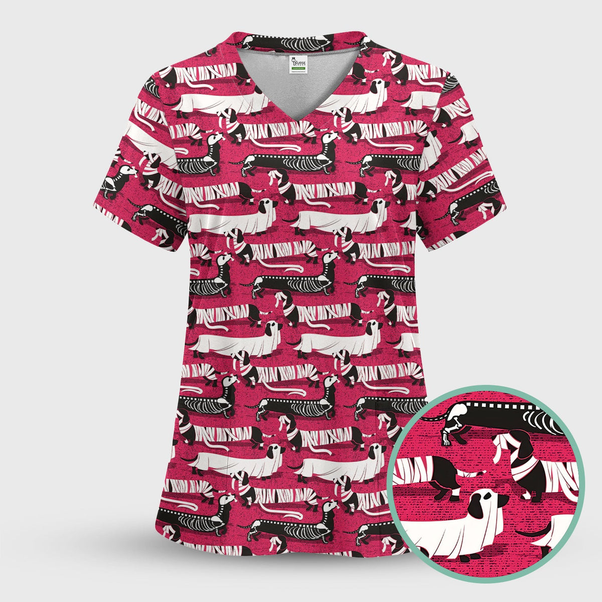 Dachshund Skeleton Nurse Scrub Top - Halloween Gift