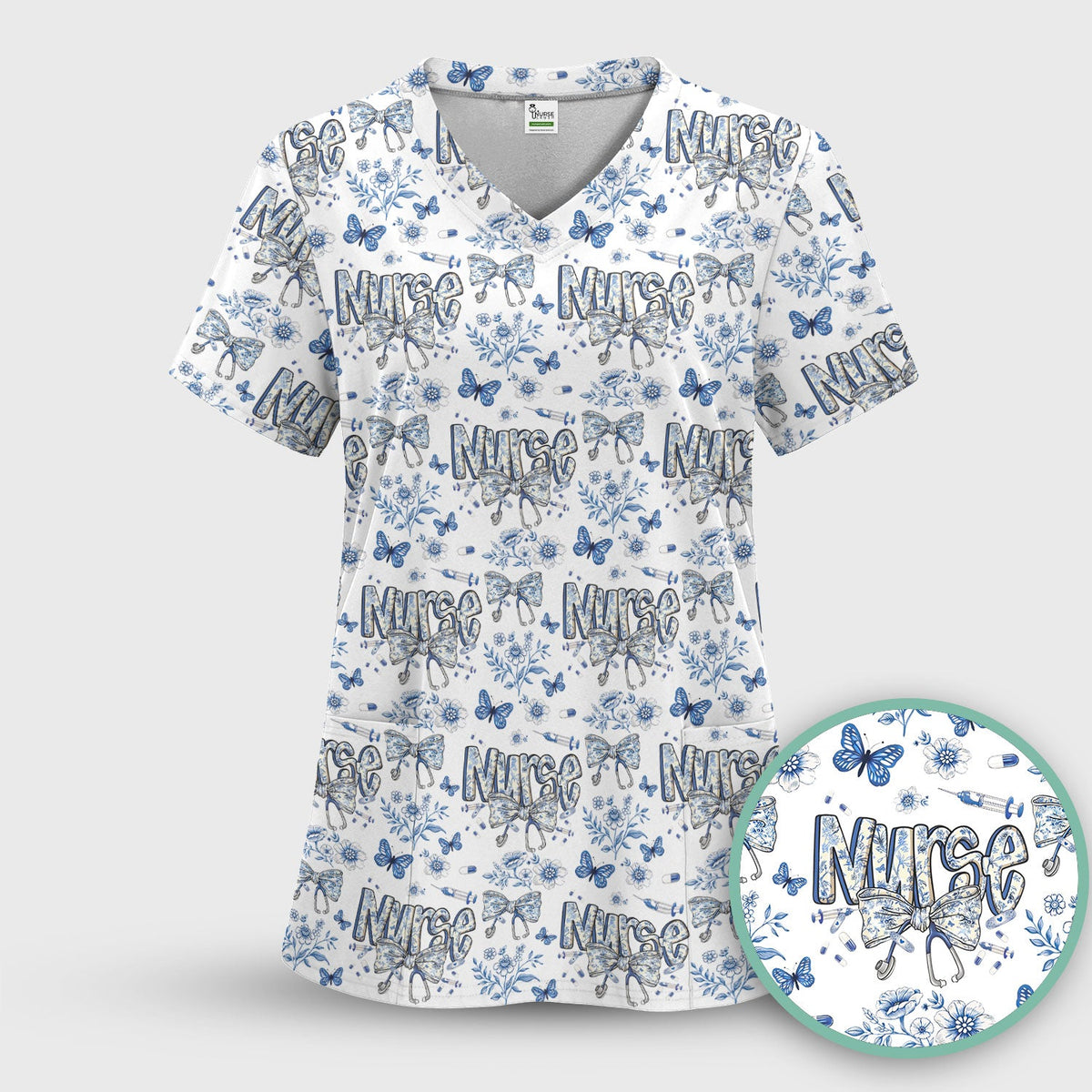 Blue Nurse Bow Butterfly Floral Scrub Set
