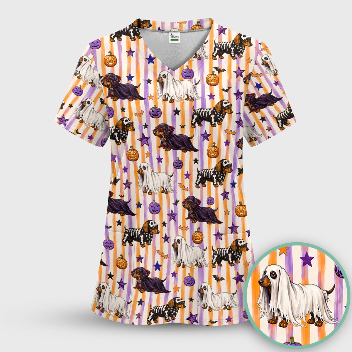 Dachshund Stripe Nurse Scrub Top - Halloween Gift