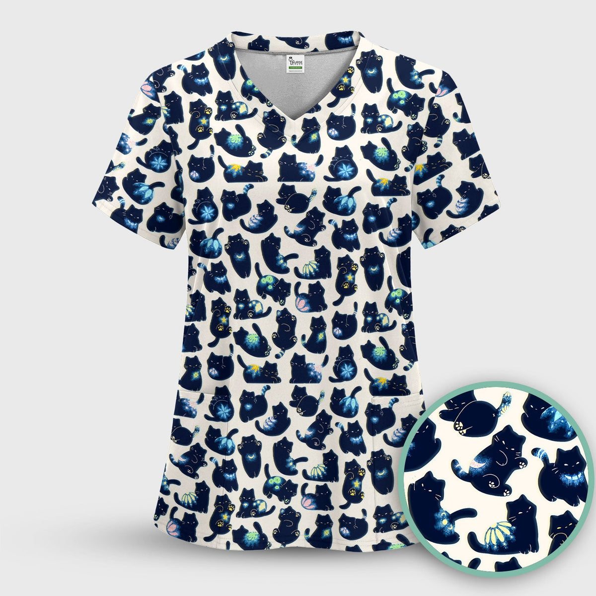 Midnight Black Cat Nurse Scrub Top