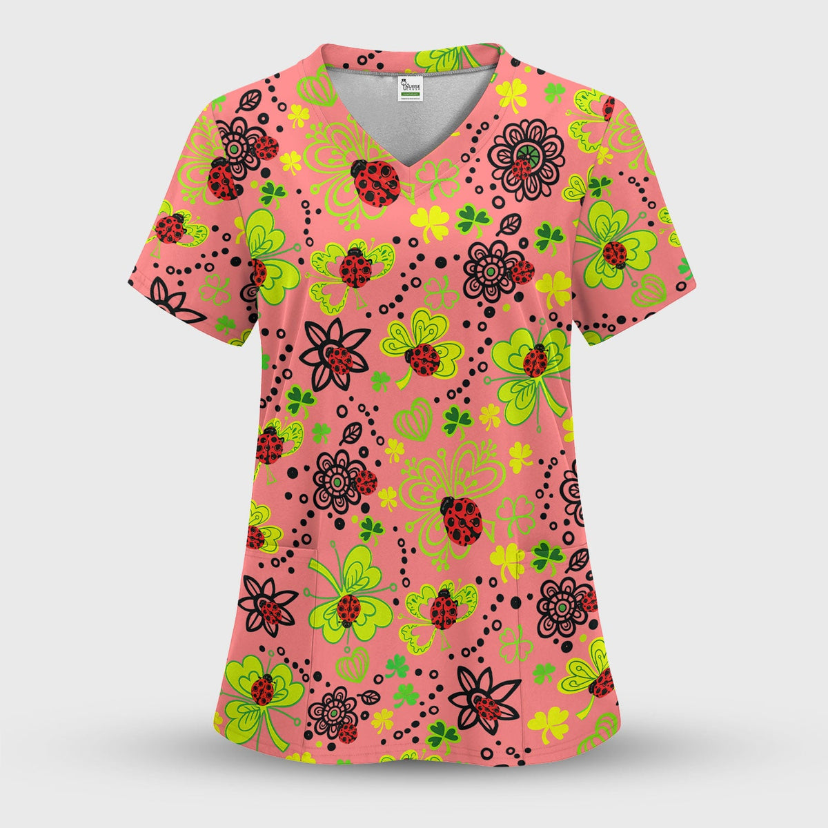 Ladybug Clover Floral Pattern Print Scrub Sets, Scrub Pants and V Neck Top