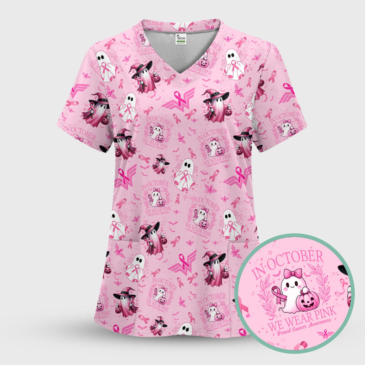 Pink Ribbon Ghost Witch Nurse Scrub Top - Breast Cancer Gift