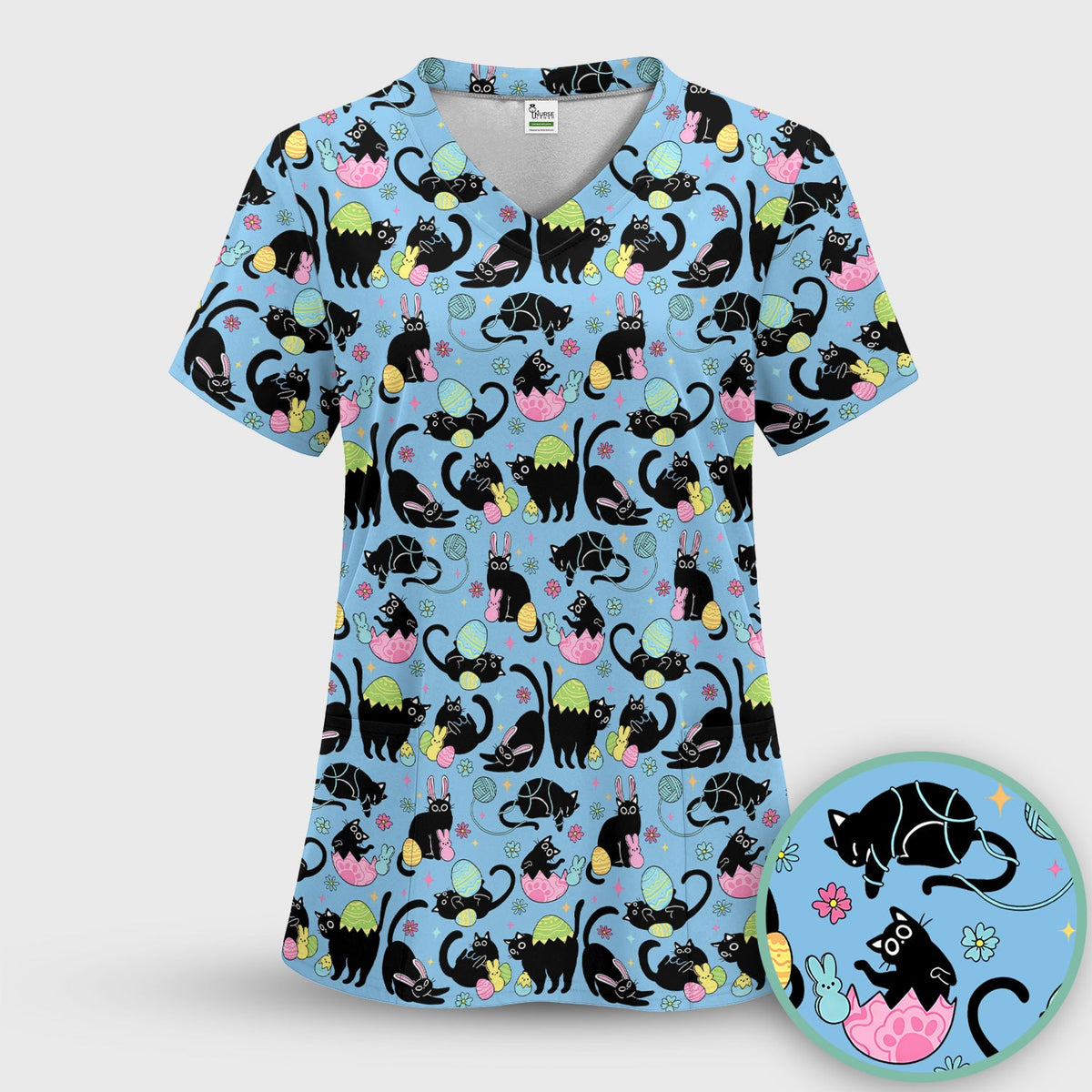 Black Cat Egg Nurse Scrub Top - Easter Gift