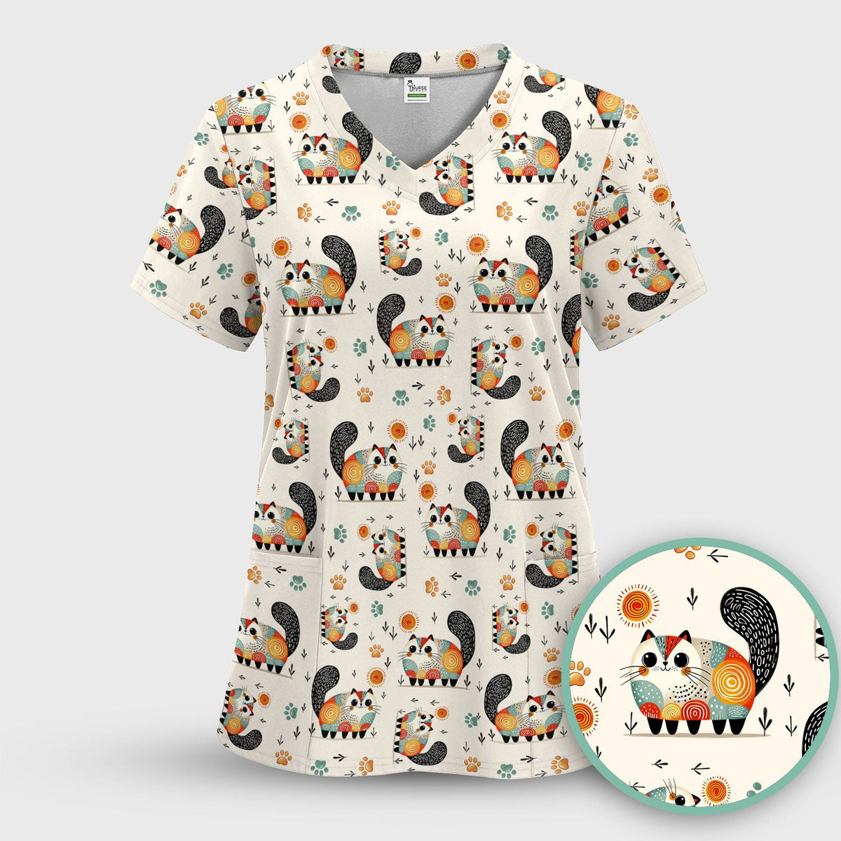Cat Illustration Nurse Scrub Top