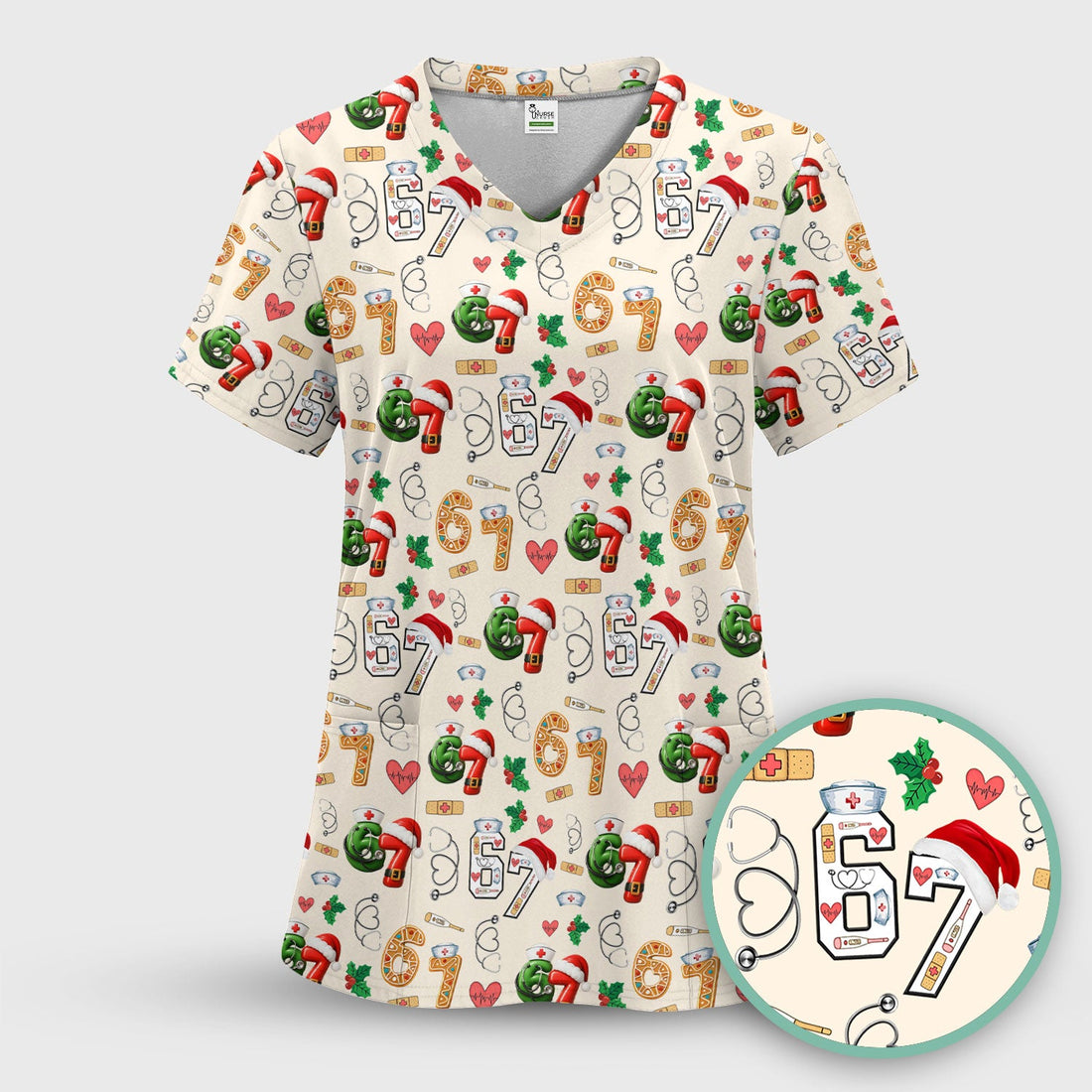 Christmas Nurse 67 Pattern Scrub Top, Cute Holiday Medical Shirt With Santa Hat, Uniform For Nursing