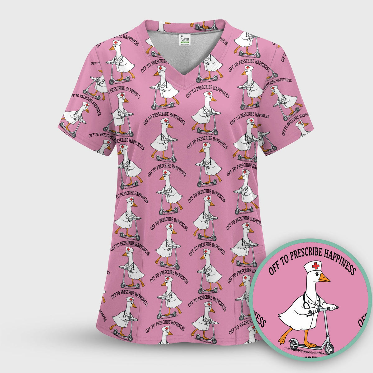 Nurse Goose Scooter Print Scrub Top, Breathable Fabrics Nursing Uniform