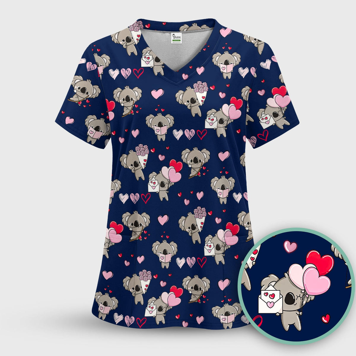 Valentine Koala Holding Flowers Cute Print Scrub Top, Comfortable Scrubs for Nurses