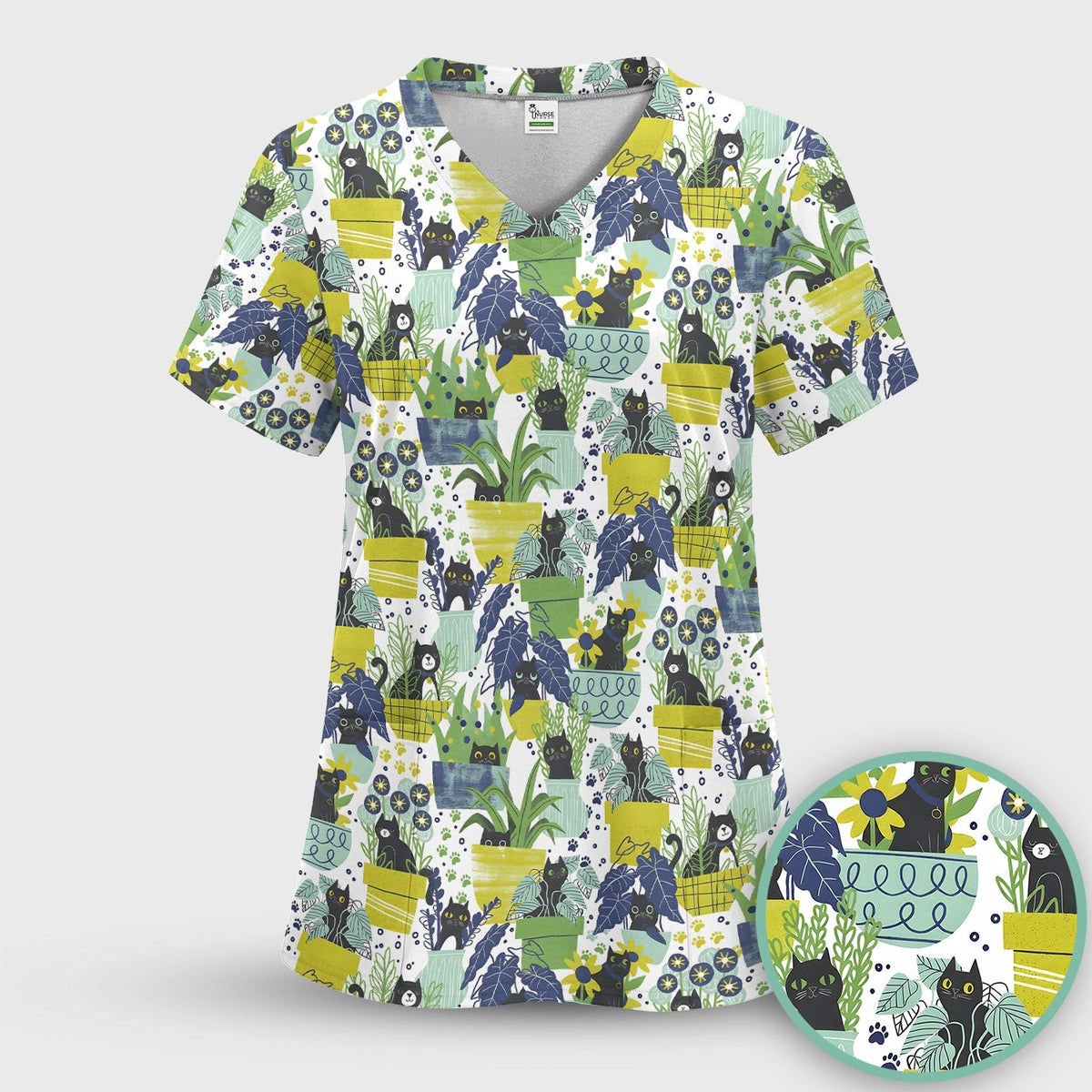Black Cat Planter Garden Nurse Scrub Set
