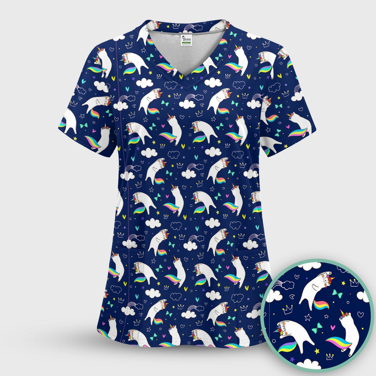 Unicorn Cat Rainbow Tail Clouds Nurse Scrub Set