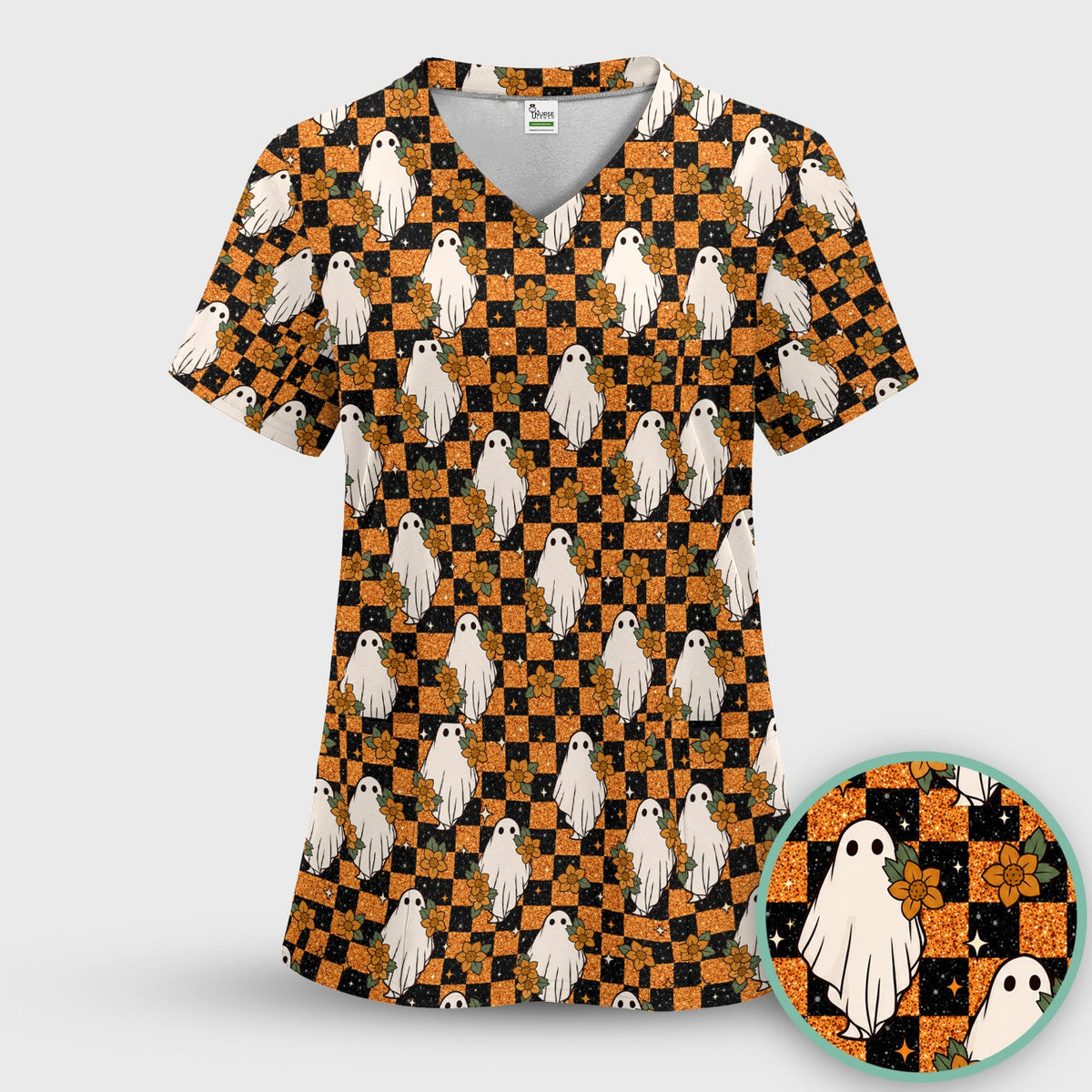Spooky Ghost Checkerboard Nurse Scrub Set