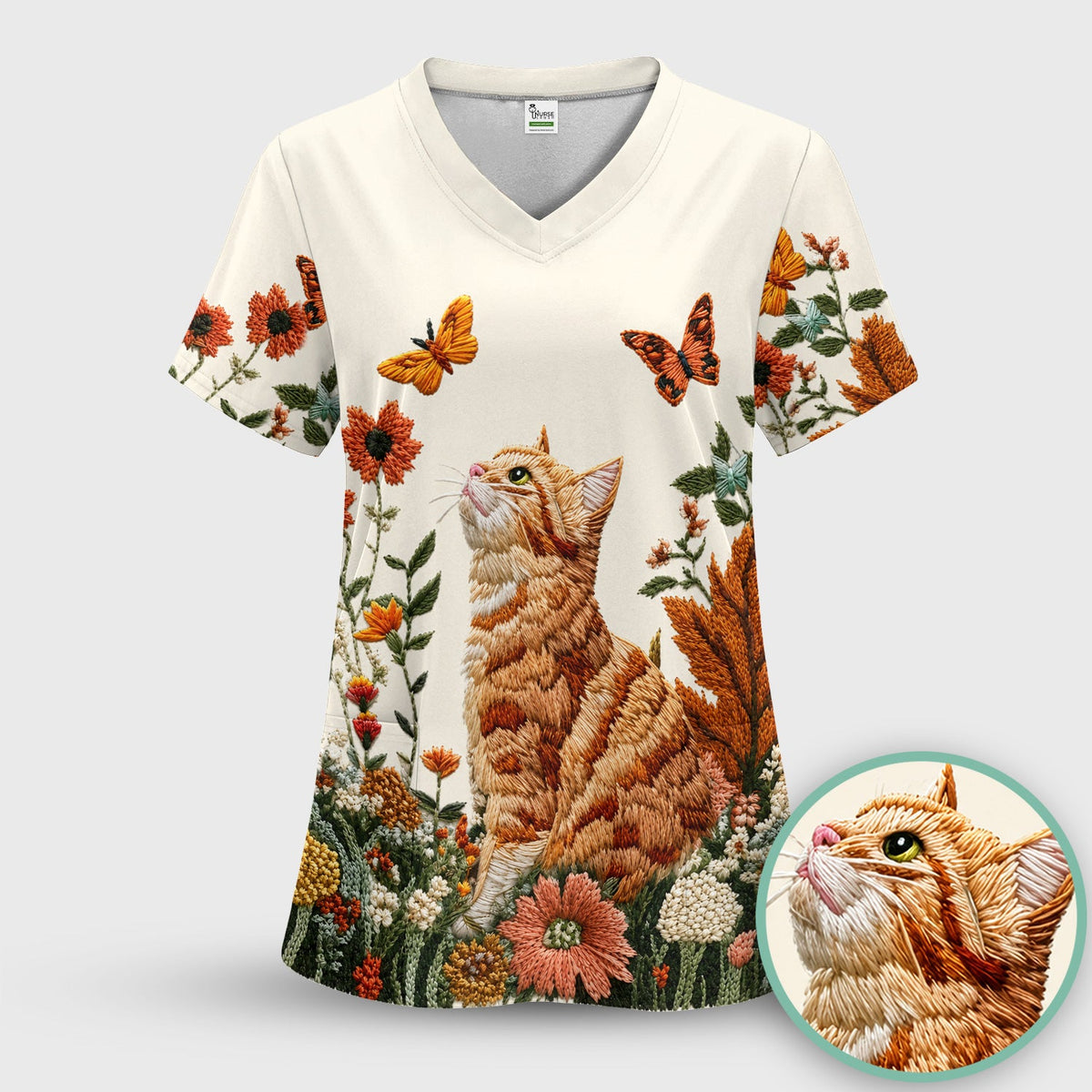 Orange Cat Wildflower Nurse Scrub Top