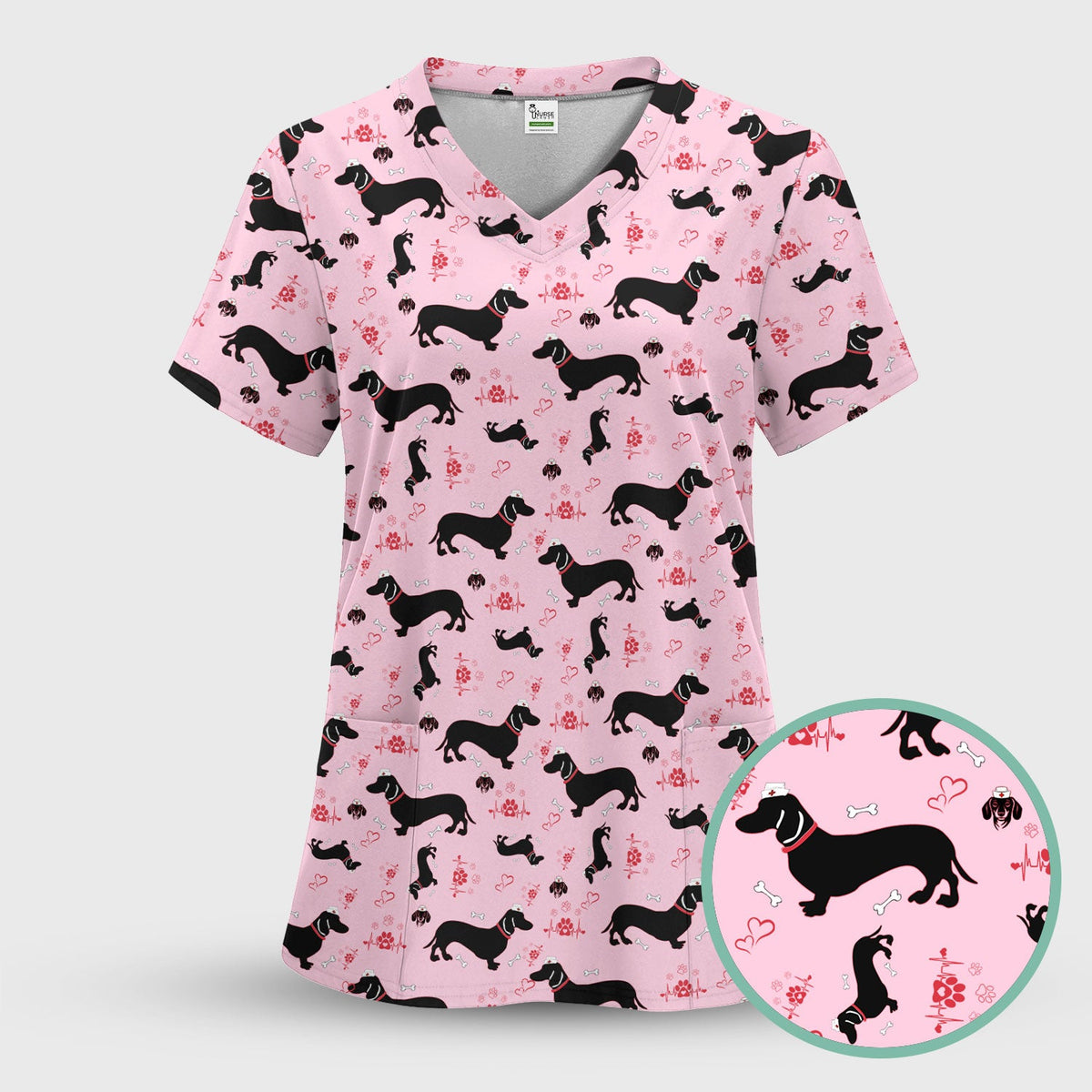 Dachshund Scrub Top - Cute Dog Print Scrubs for Women, Men Multi Color - Animal Scrub Shirt Gift for Nurse, CNA, RN, Doctor