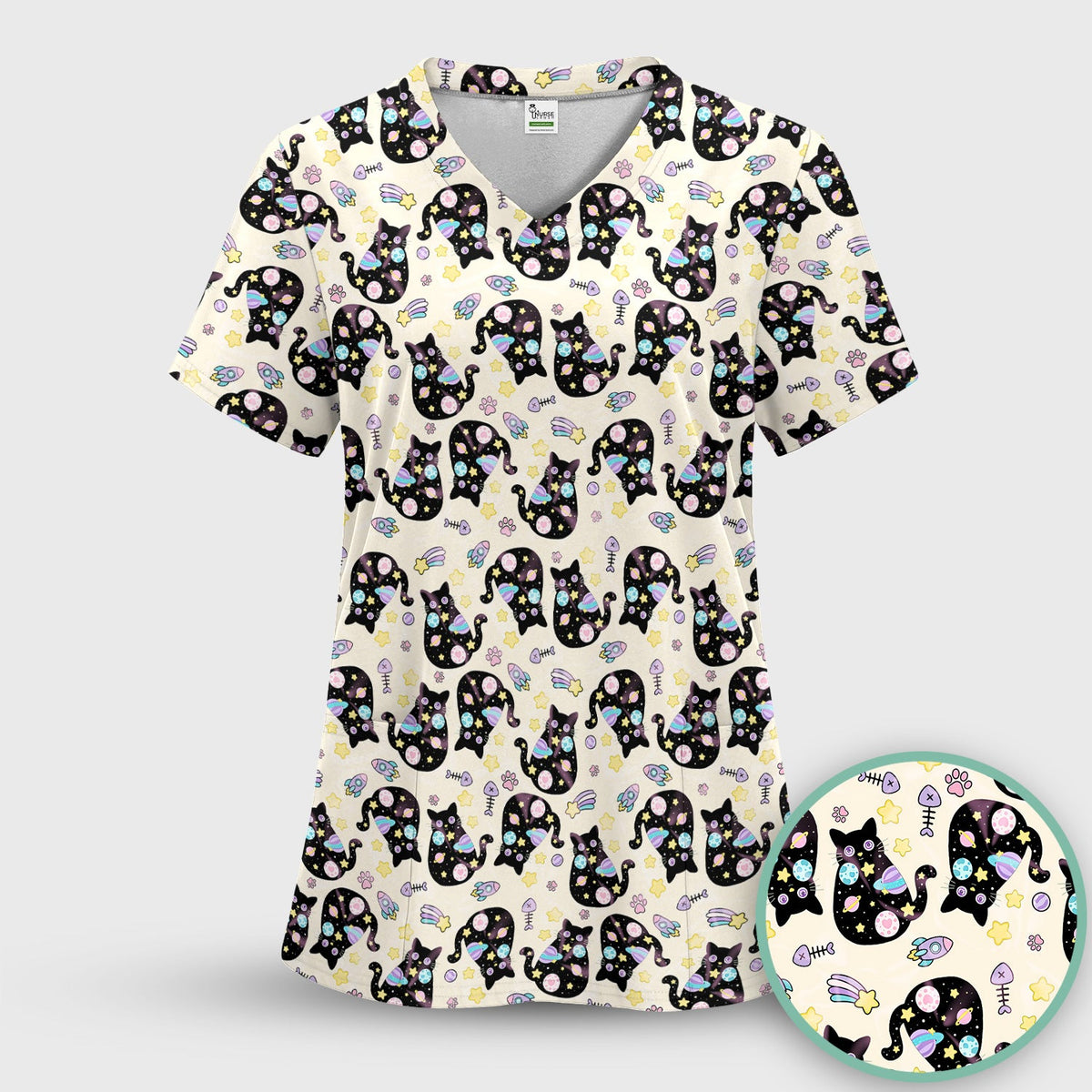 Galaxy Black Cat Space Nurse Scrub Top
