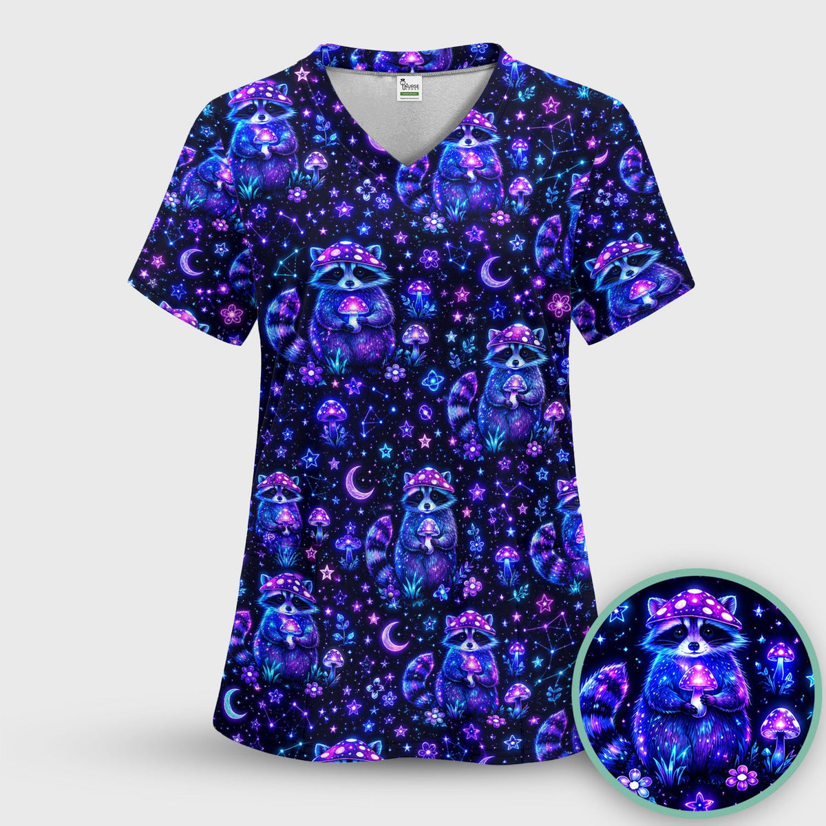 Neon Mushroom Raccoon Galaxy Nurse Scrub Top