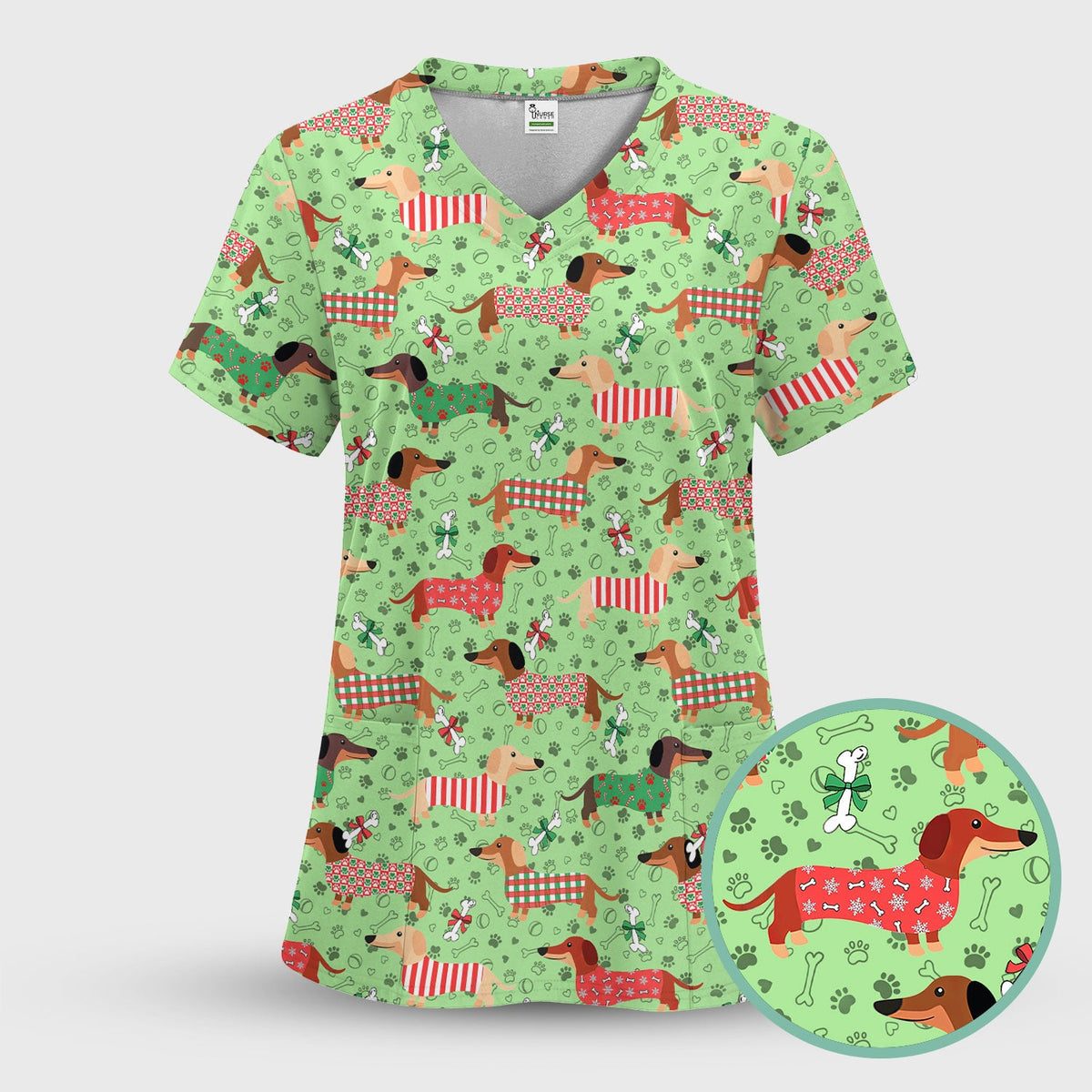 Christmas Dachshund Scrub Top for Nurses - Funny Wiener Dog Medical Shirt Multi Color - Cute Puppy Lover Gift for RN LPN CNA