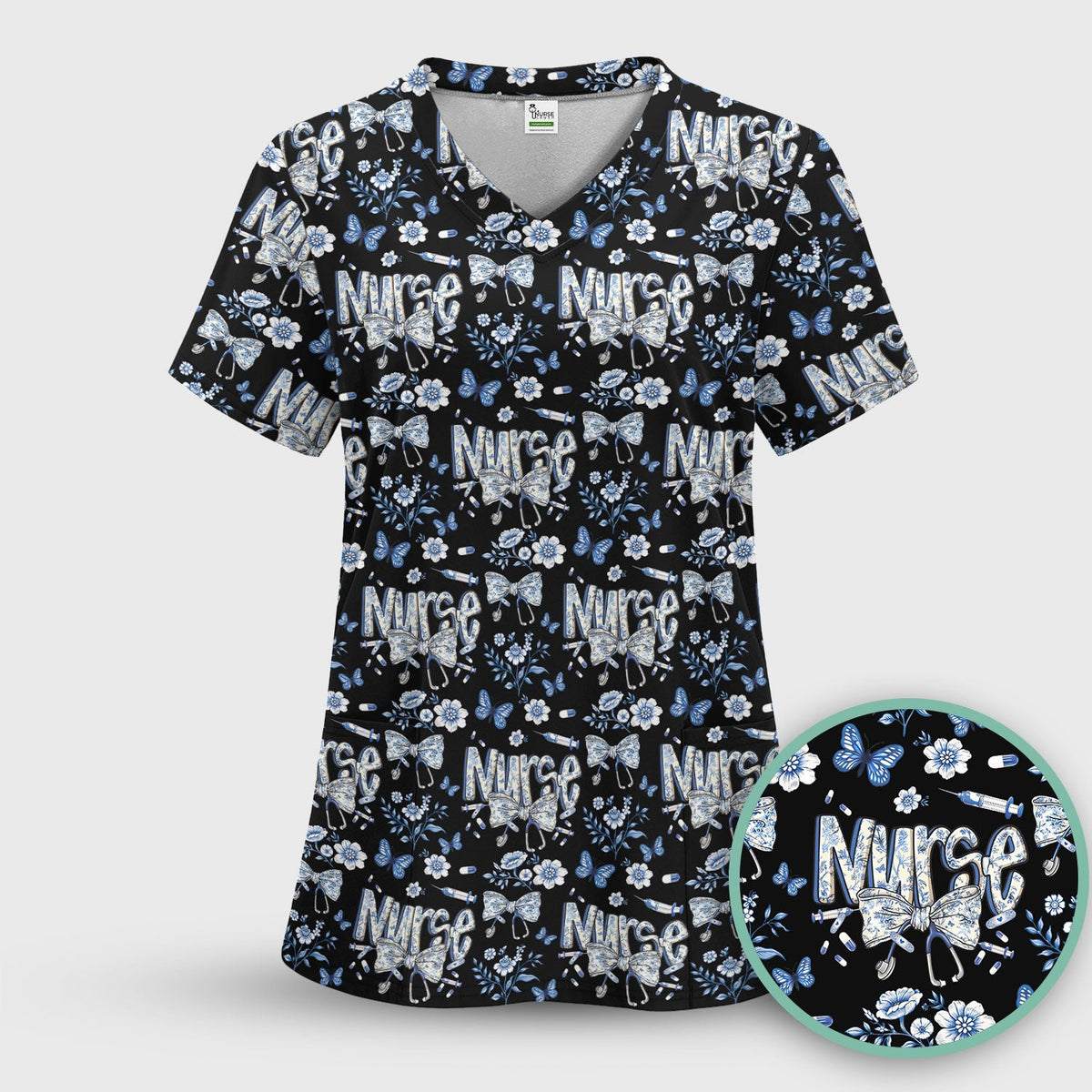 Blue Nurse Bow Butterfly Floral Scrub Set