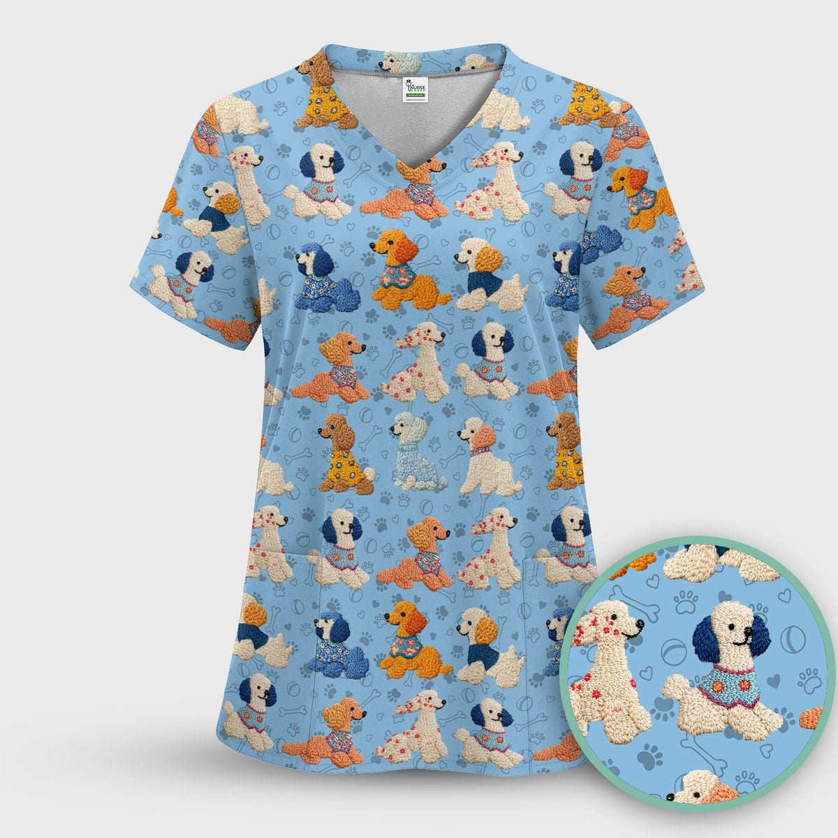 Cute Colorful Poodle Pattern Scrub Set, Scrub Pants and V Neck Top