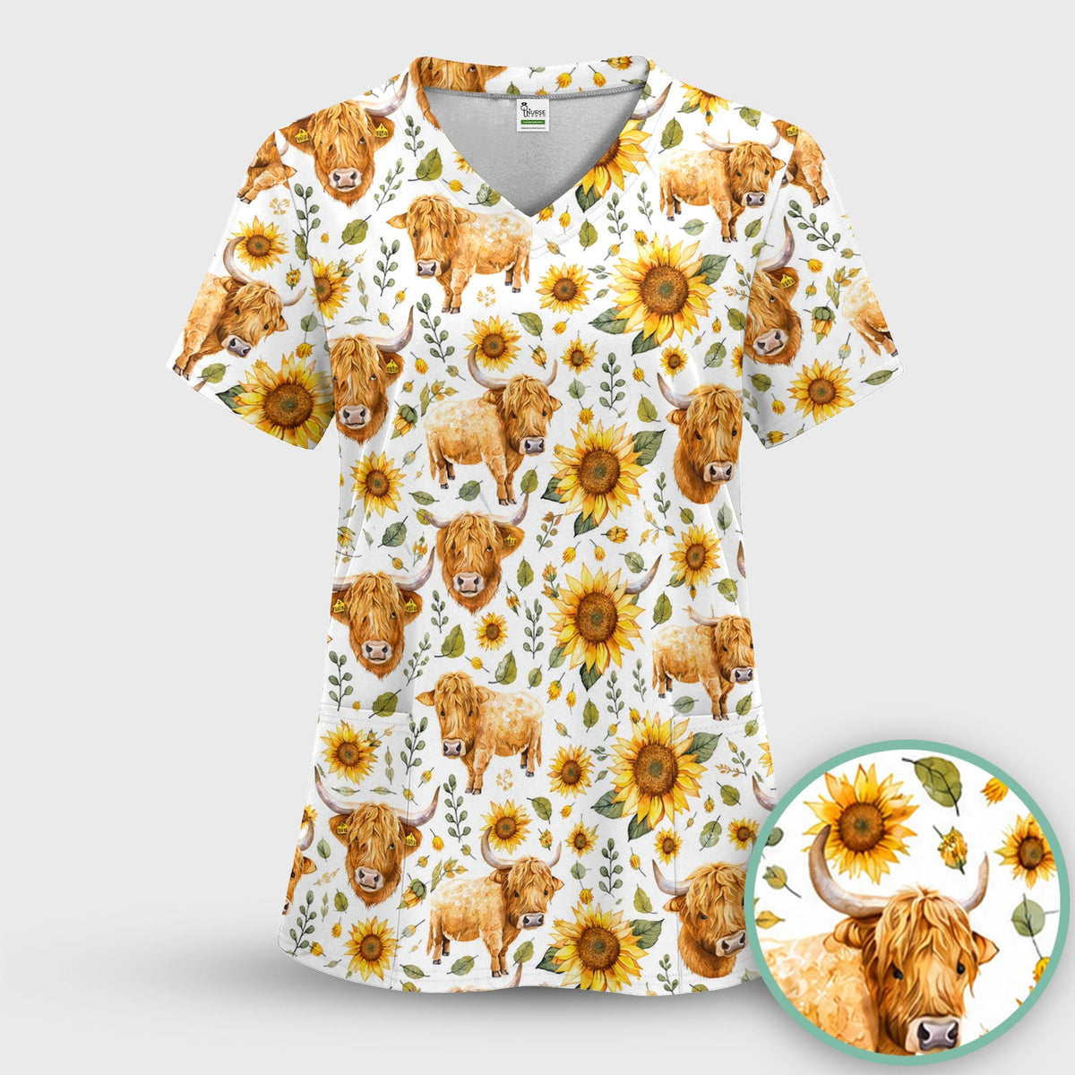 Highland Cow Sunflower Pattern Nurse Scrub Top