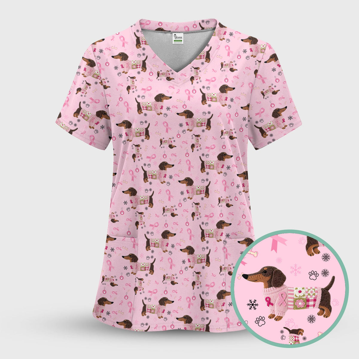 Pink Ribbon Dachshund Nurse Scrub Top
