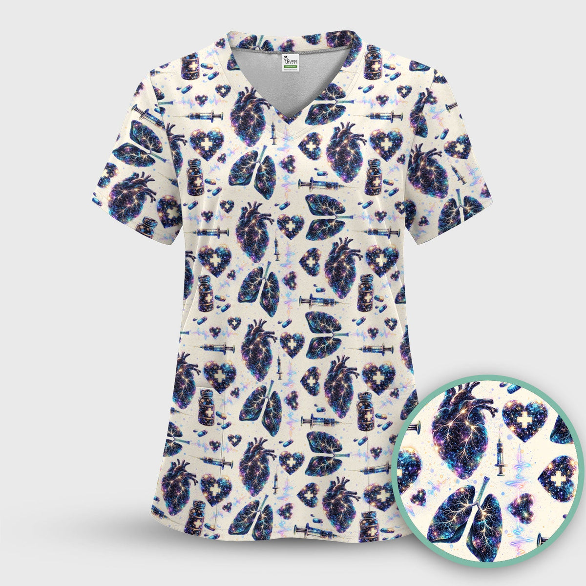 Galaxy Anatomical Heart Lung Syringe Nurse Scrub Top