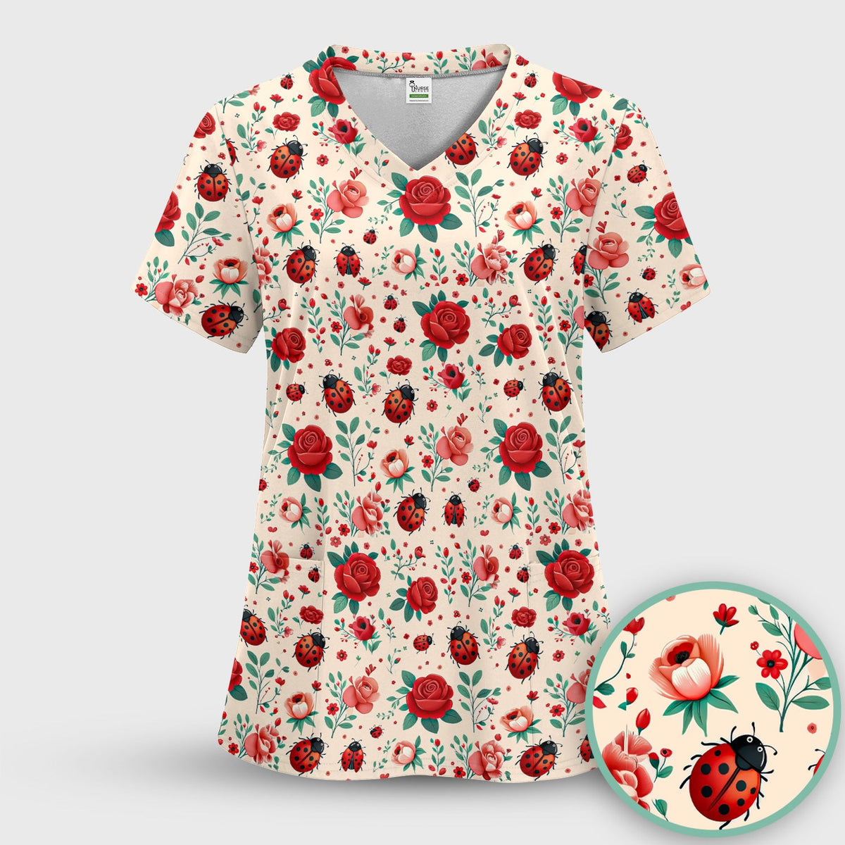 Ladybug Red Rose Floral Nurse Scrub Set
