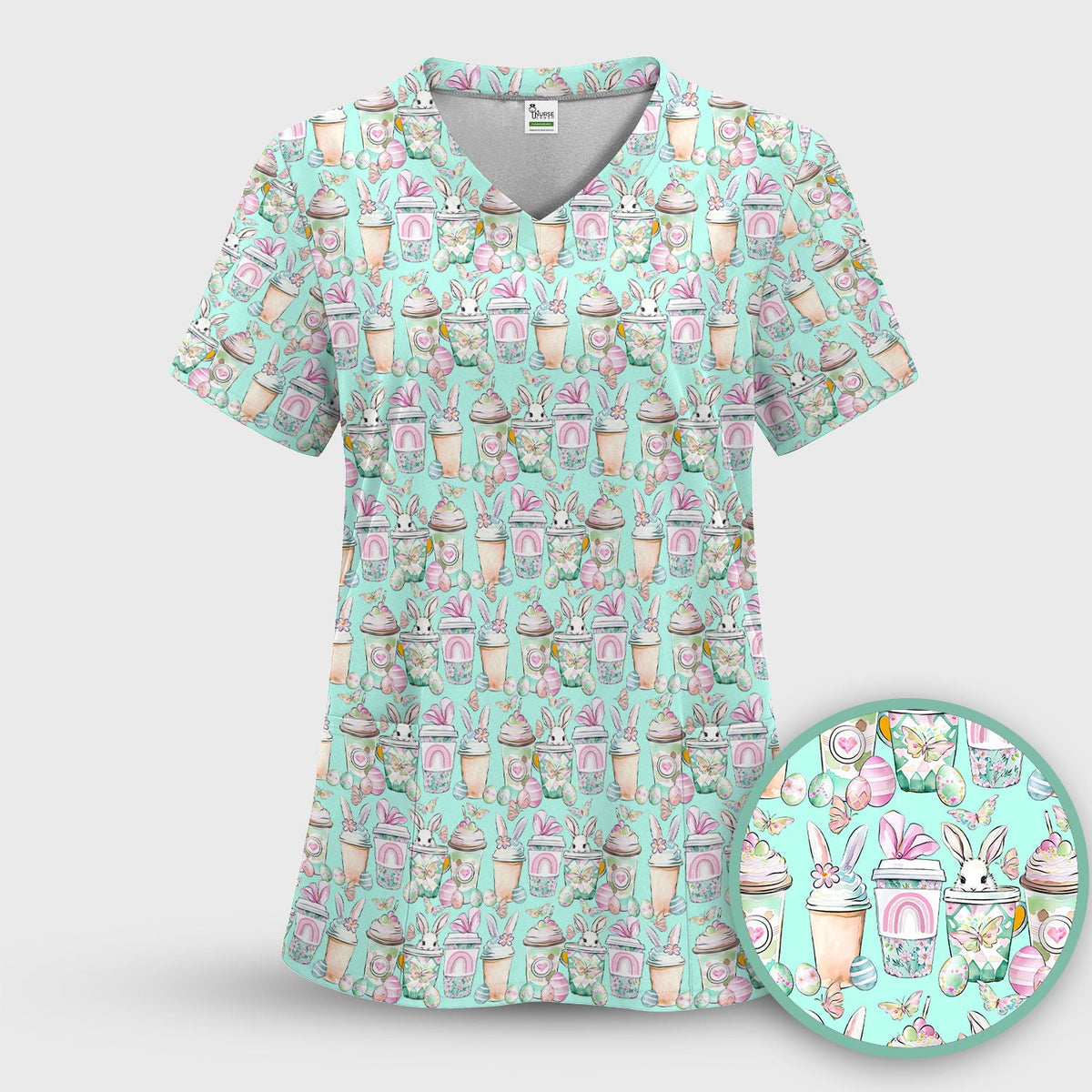 Bunny Coffee Cup Nurse Scrub Set - Easter Gift