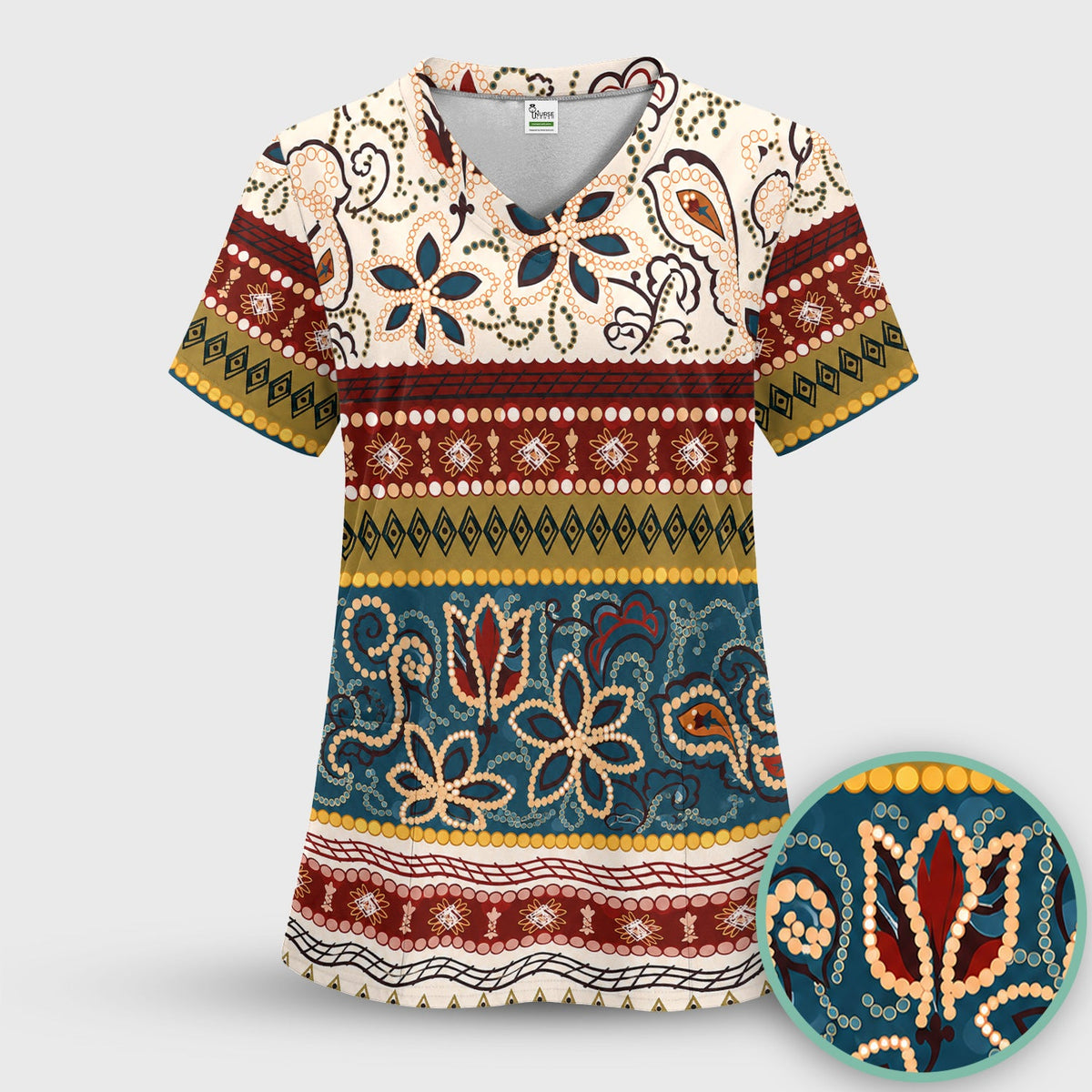 Boho Paisley Floral Stripe Nurse Scrub Set