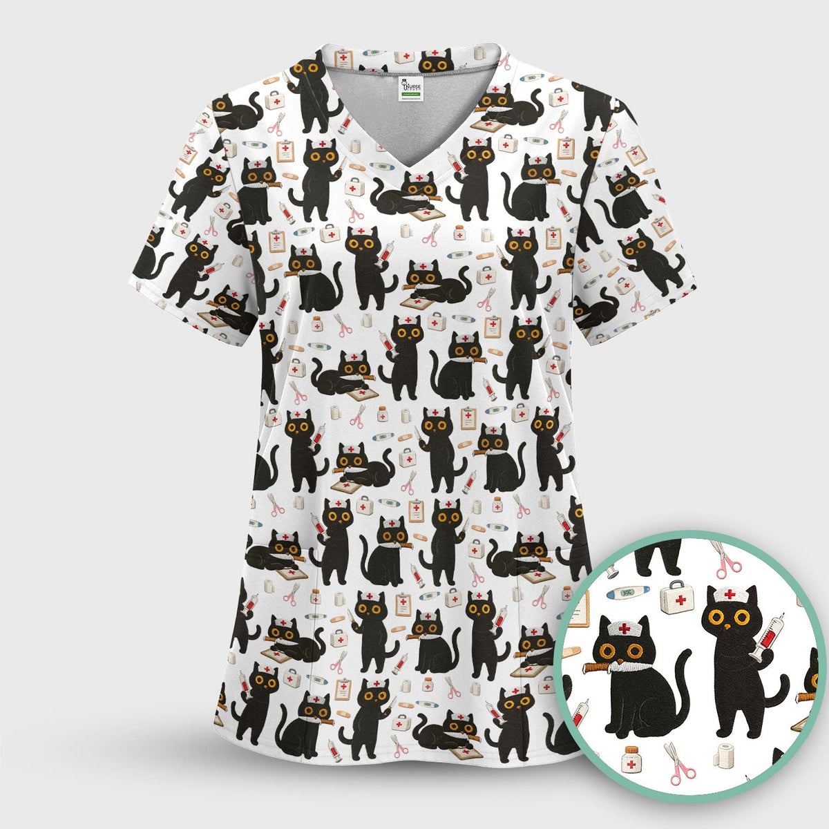 Cute Black Cat Nurse Scrub Top