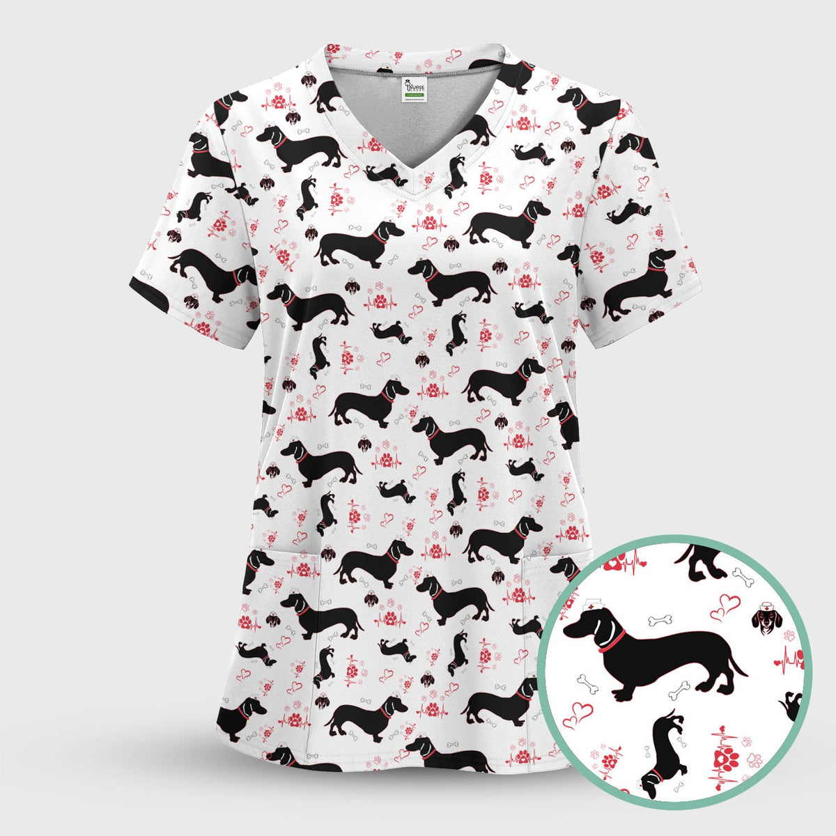 Dachshund Scrub Top - Cute Dog Print Scrubs for Women, Men Multi Color - Animal Scrub Shirt Gift for Nurse, CNA, RN, Doctor