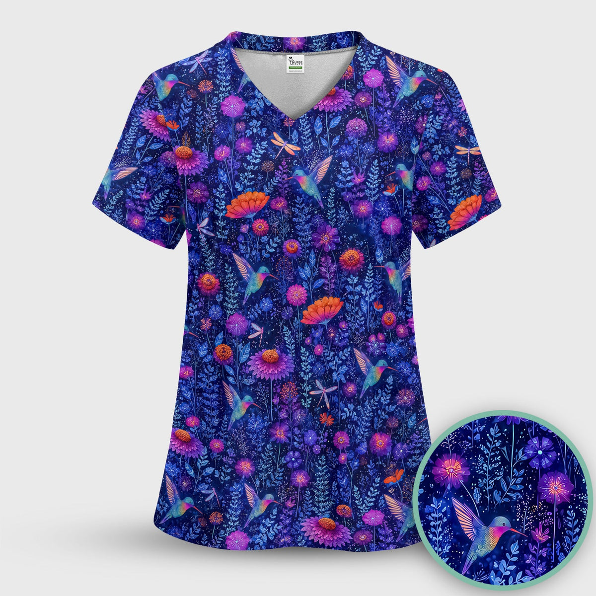 Enchanted Hummingbird Wildflower Garden Nurse Scrub Top