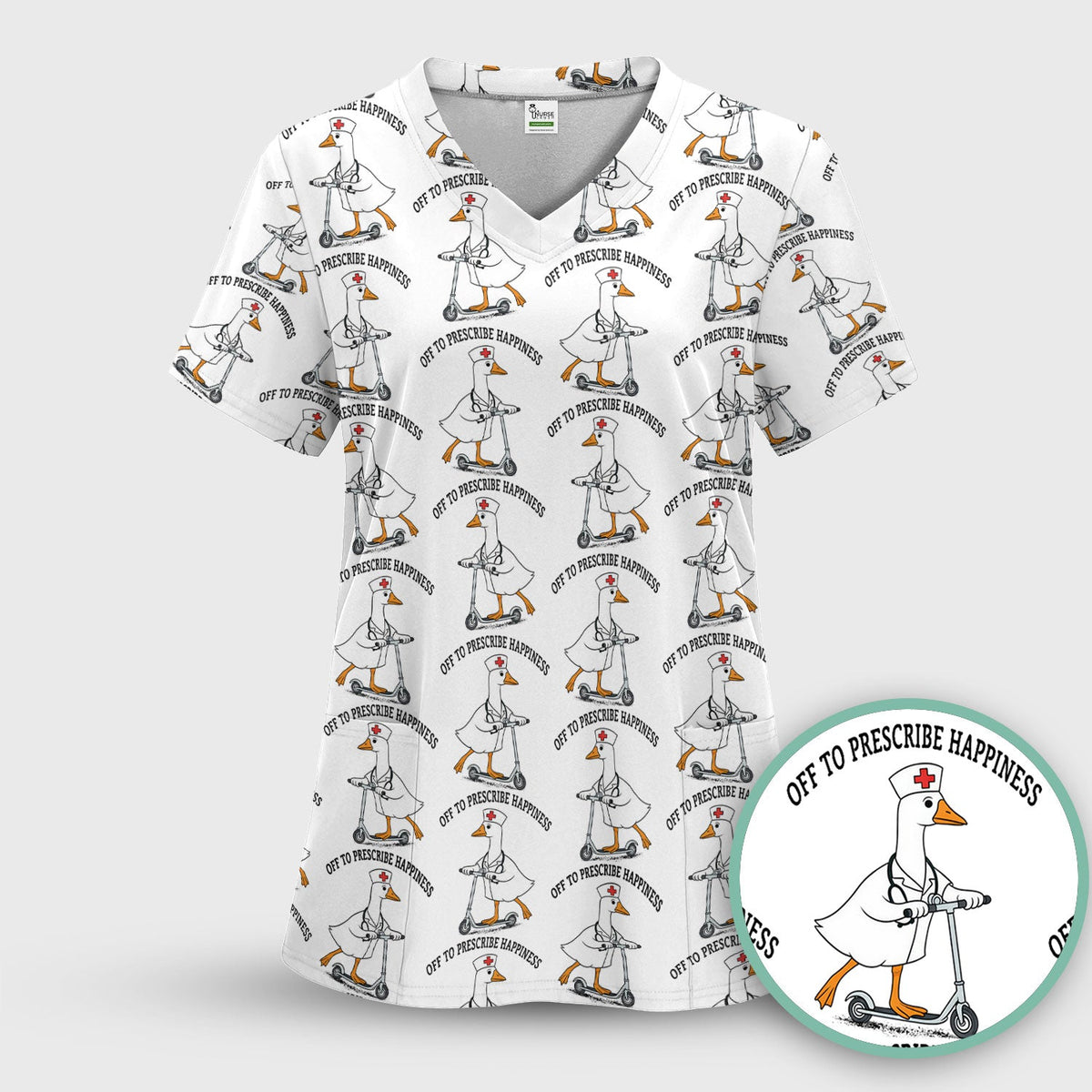 Nurse Goose Scooter Print Scrub Set, Breathable Med Uniform