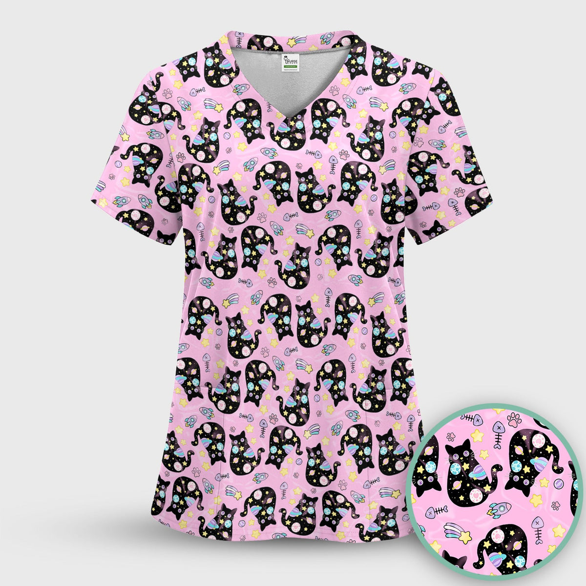 Black Cat Galaxy Space Nurse Scrub Top
