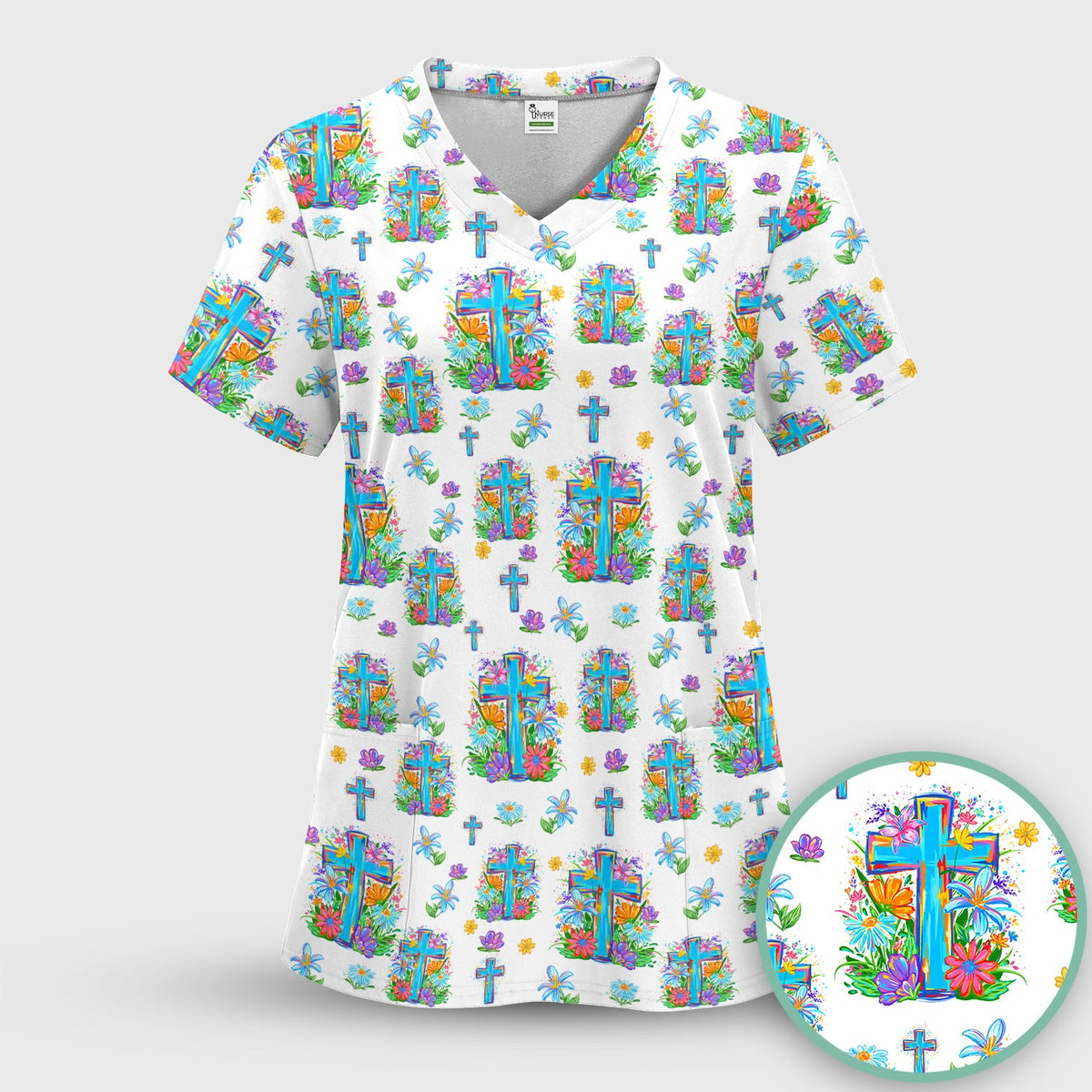 Christian Floral Cross Spring Nurse Scrub Set
