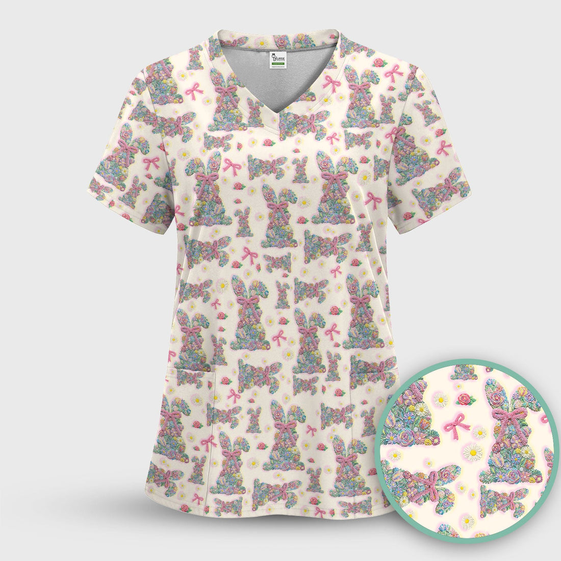 Colorful Floral Bunny Pink Bow Nurse Scrub Top - Easter Gift