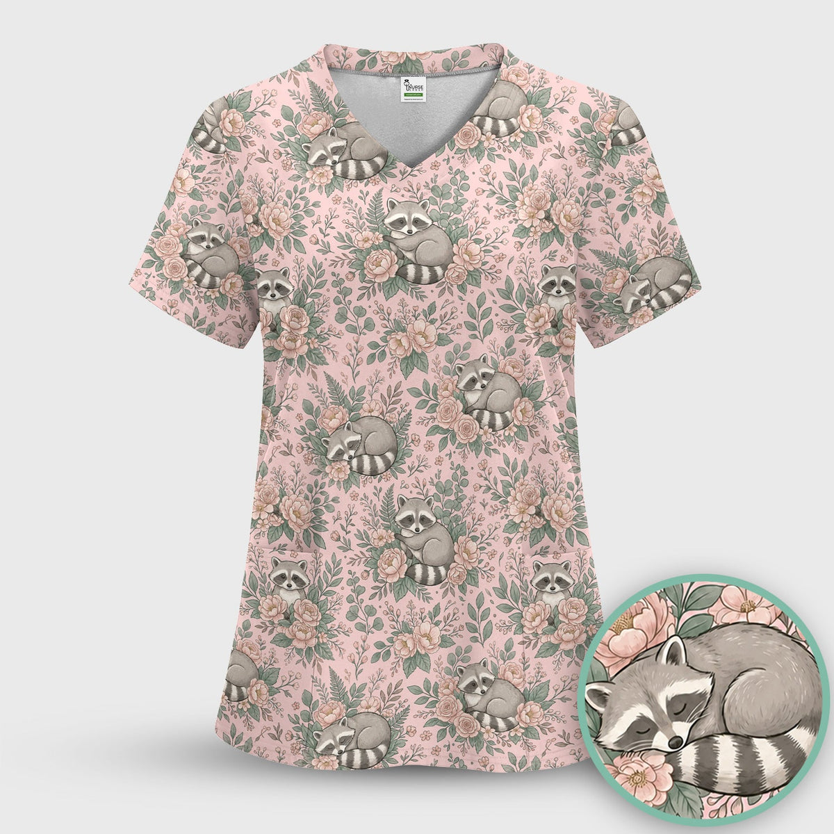 Sleeping Raccoon Rose Garden Nurse Scrub Top
