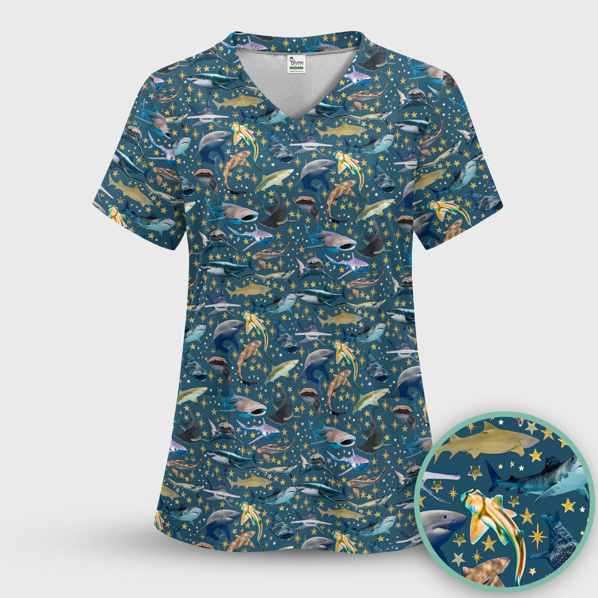 Colorful Shark Ocean Nurse Scrub Top