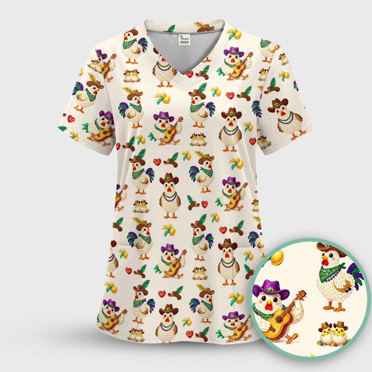 Mardi Gras Rooster Cowboy Nurse Scrub Top