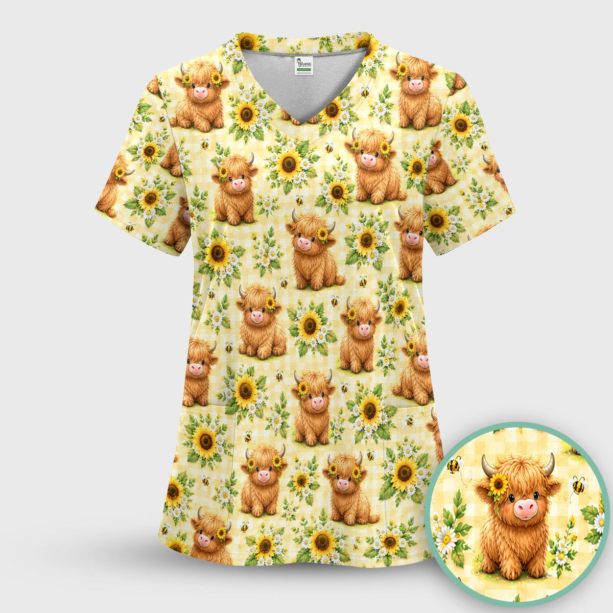 Sunflower Highland Cow Bee Nurse Scrub Top
