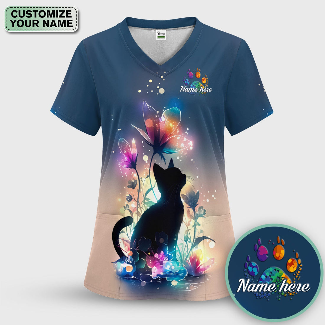 Personalized Cat Floral Glow Nurse Scrub Top