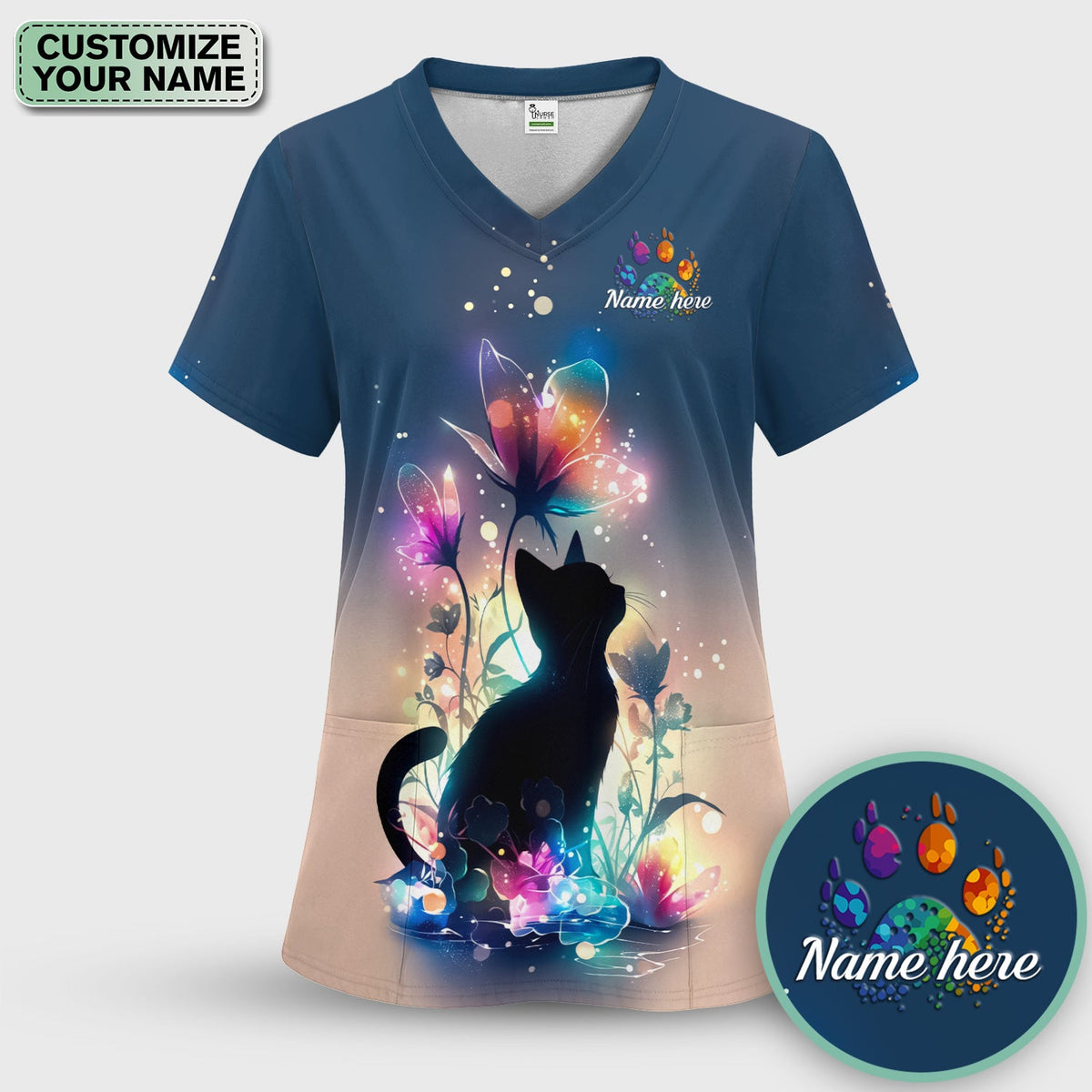 Personalized Cat Floral Glow Nurse Scrub Top