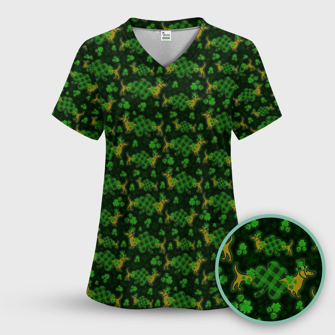 St Patrick Shamrock Puppy Dachshund Nurse Scrub Top