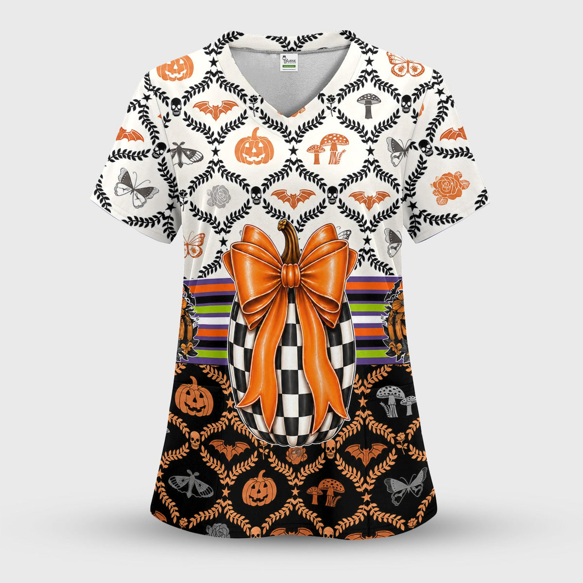 Checkered Pumpkin Bow Nurse Scrub Top - Halloween Gift