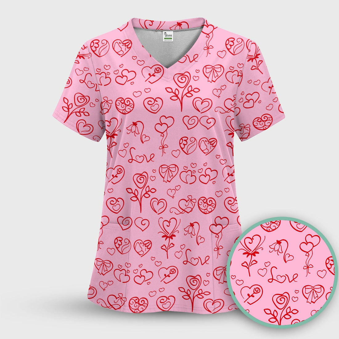Valentine Pink Line Art Nurse Scrub Top