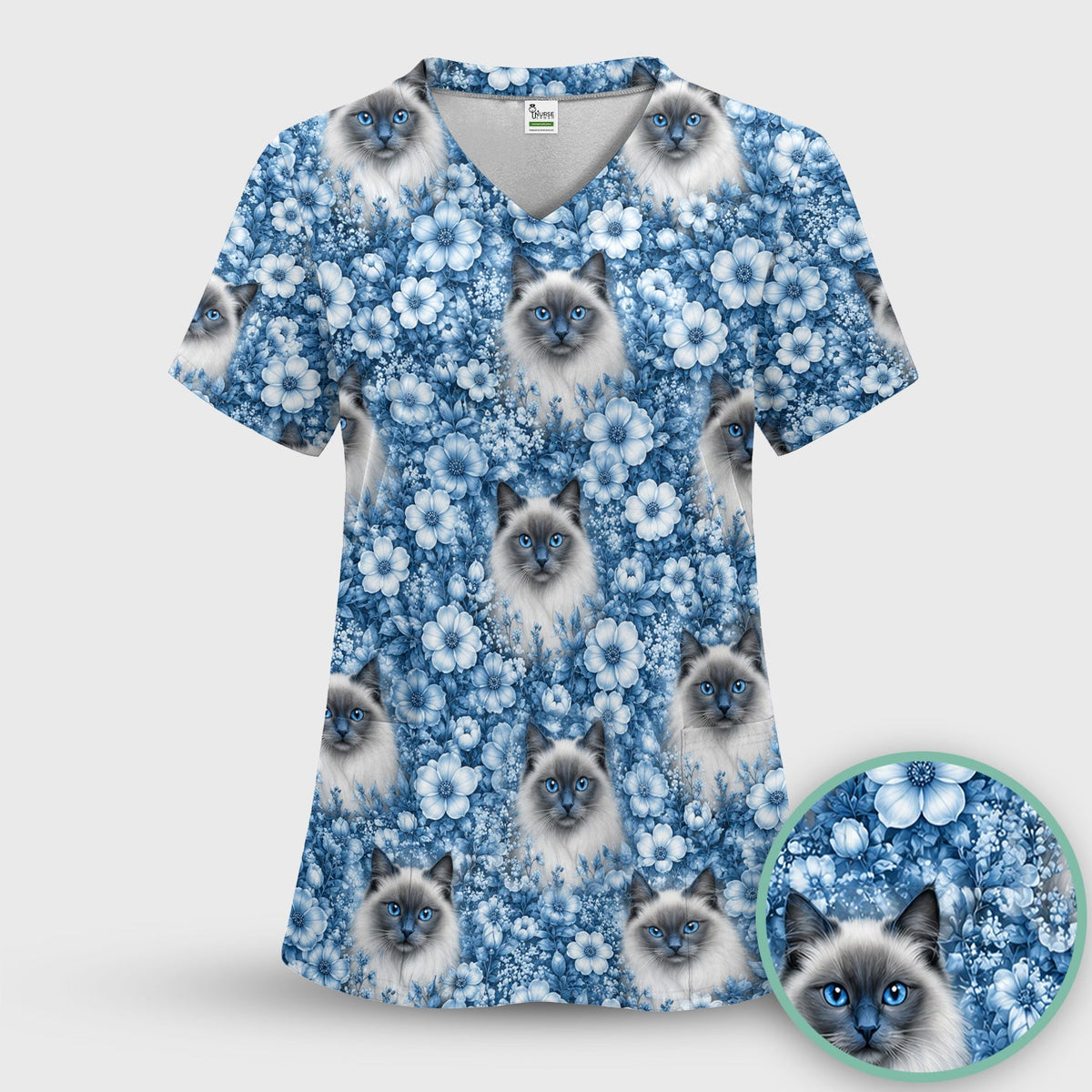 Blue Floral Ragdoll Cat Nurse Scrub Top