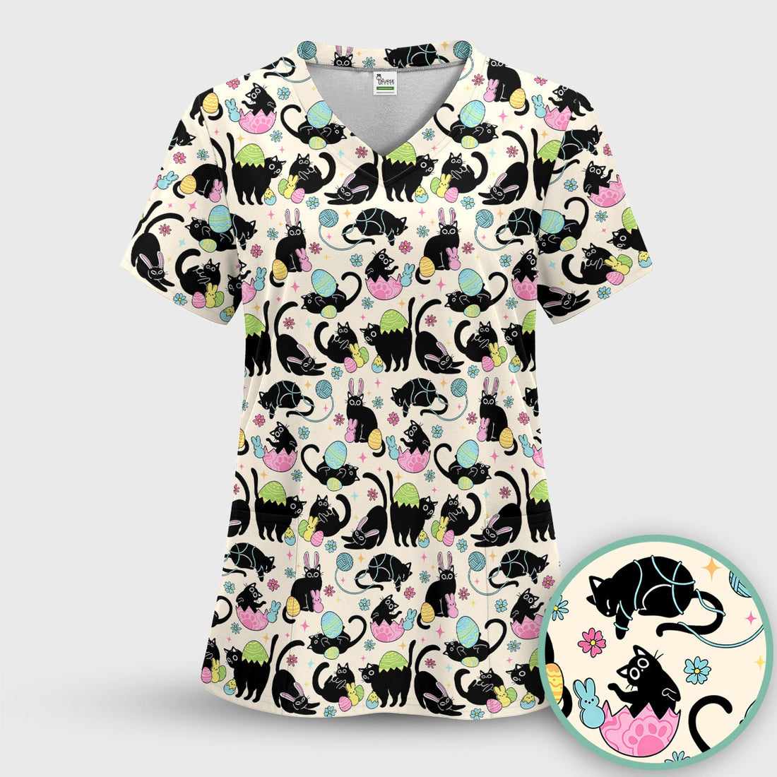 Black Cat Egg Nurse Scrub Top - Easter Gift